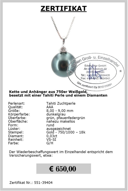 Diamant Anhänger, Tahiti Perle 8.0 - 9.0 mm