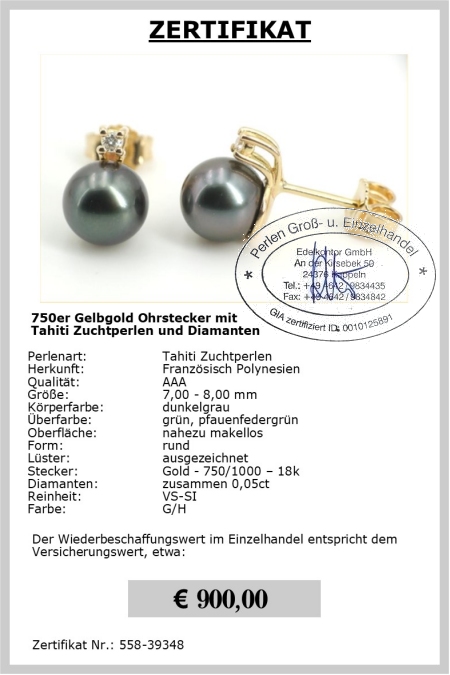Tahitiperlen Ohrstecker aus 750er Gold mit Diamanten