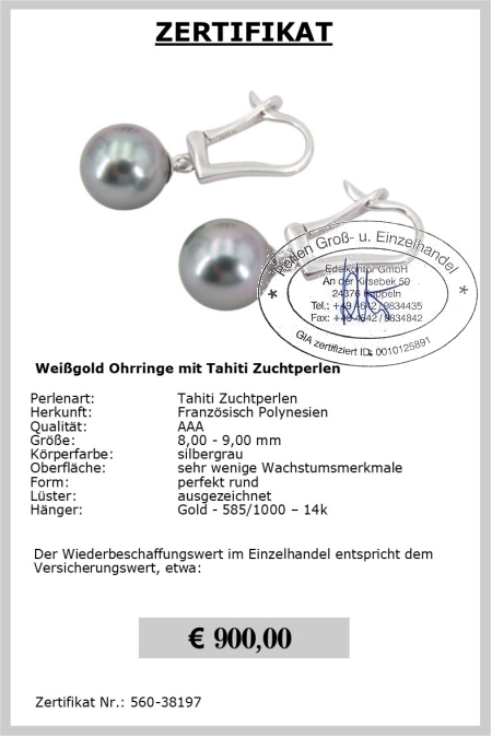 Tahitiperlen Ohrringe, 8.0 - 9.0 mm, Gold 585er
