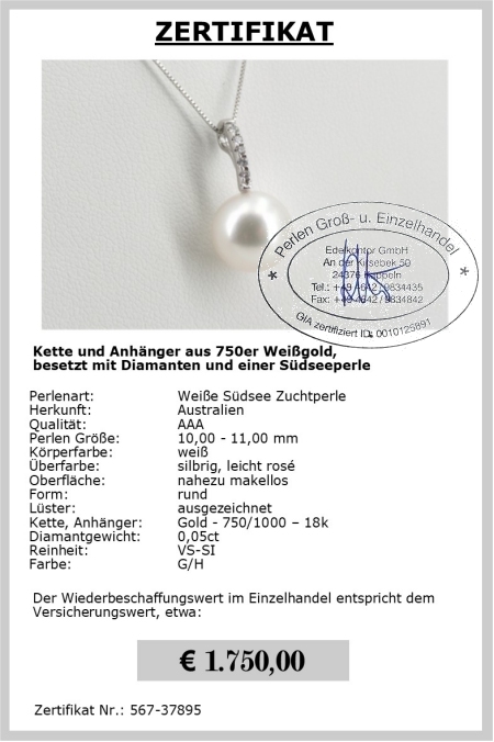 Weier Sdsee Perlen Anhnger aus Gold mit Diamanten