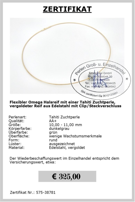 Omegakette mit Tahiti Perle | Perfekt Rund 10,0 - 11,0 mm AAA | Omegakette mit Steckverschluss