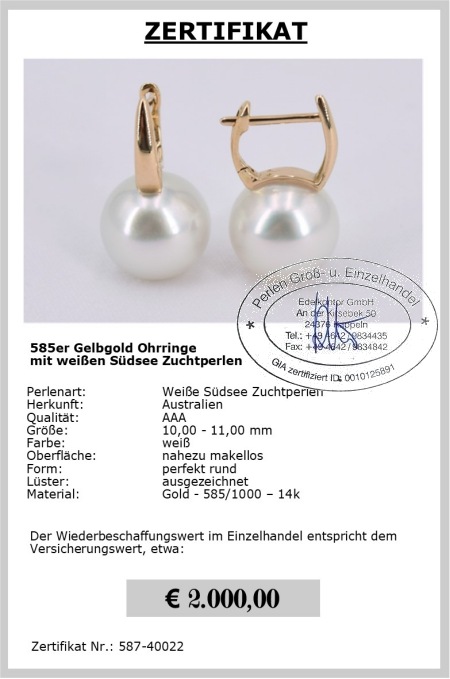 Wei�e S�dseeperlen Ohrstecker 10.0 - 11.0 mm