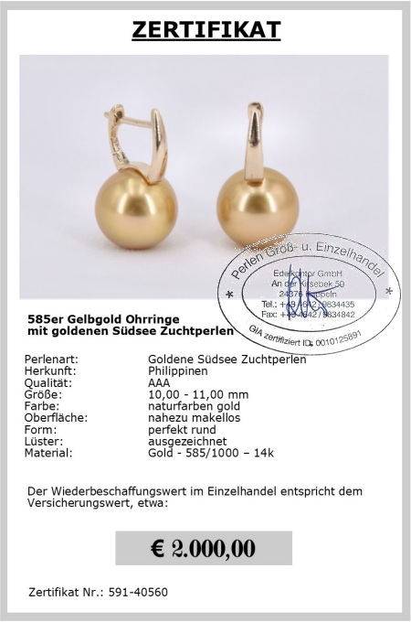 Goldene S�dsee Perlohrringe 10-11mm - Edelkontor