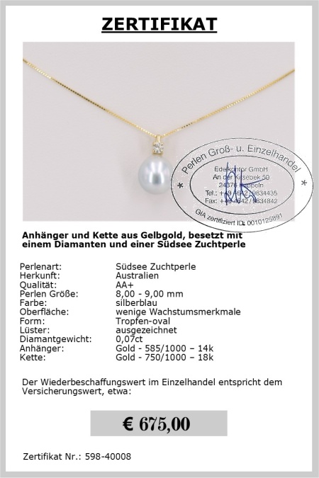 Gold Anh�nger, silberblaue S�dseeperle 8.0 - 9.0 mm