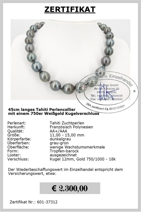 Tahiti Perlenkette grau-gr�n 11.0 - 15.0 mm in AA+/AAA Qualit�t