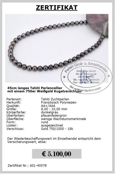 8.0-10.0 mm AA+/AAA Tahiti Perlenkette Gold 750 / 18K inkl. Zertifikat