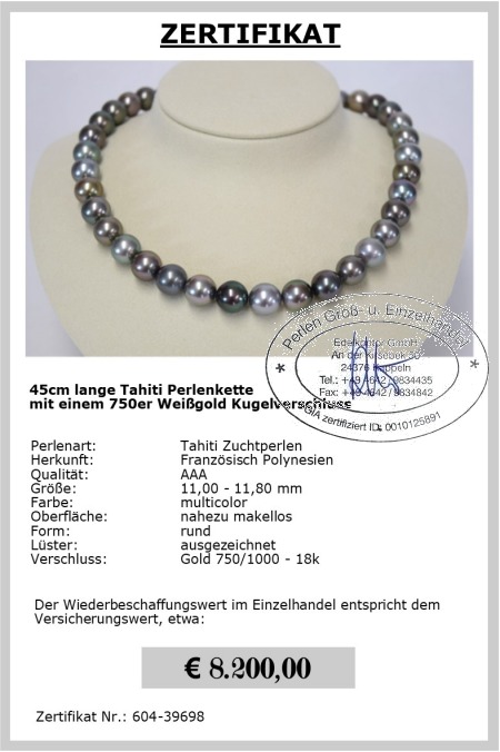 Multicolor Kette AAA aus Tahiti Zuchtperlen 11.0 - 11.8 mm