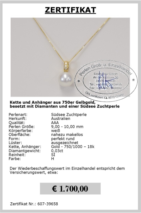 Edler Sdseeperlen Anhnger mit Diamanten 0,03 ct | Perfekt Rund 9-10 mm AAA | Anhnger Gold 750er