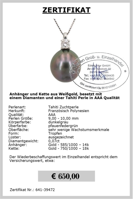 Dunkler Tahitiperlen Anh�nger 9.0 - 10.0 mm