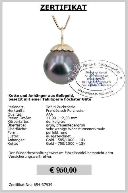 Dunkle Perle Anhnger, Tahitiperle 11.0 - 12.0 mm