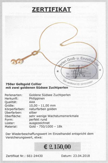 750er Gelbgold Collier mit goldenen Südseeperlen