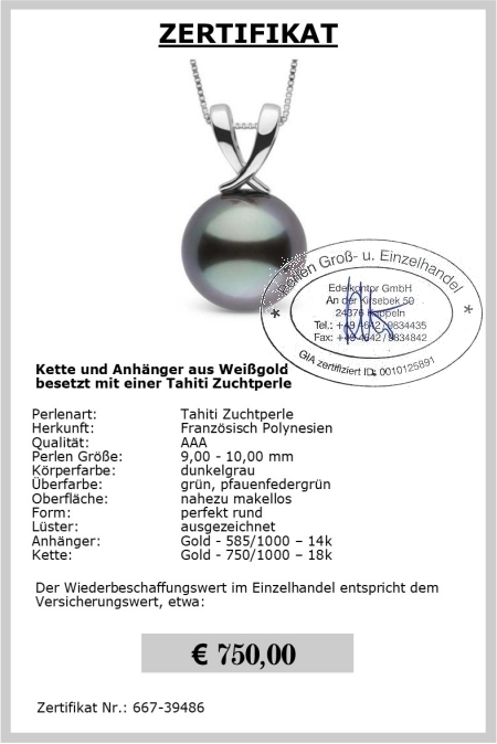Edler Weigold Anhnger | mit Tahitiperle | Perfekt Rund 9-10 mm AAA | Anhnger Gold 585er - 14K
