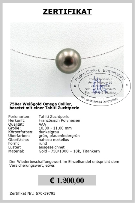 Weigold Omegakette mit Tahiti Perle | Perfekt Rund 10,0 - 11,0 mm AAA | Omegakette Gold 750er - 18K