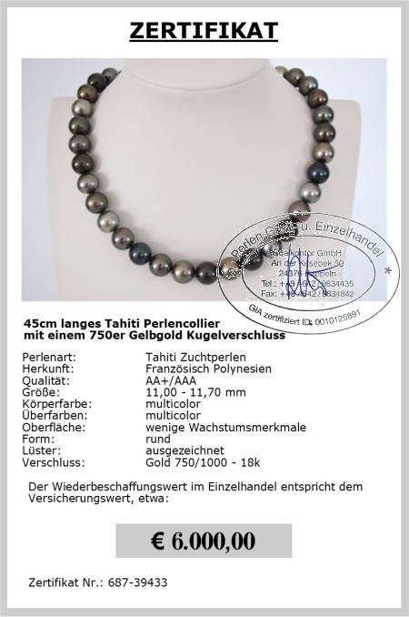 Perlenkette Tahitiperlen, Multicolor 11.0 - 11.7 mm