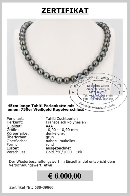 10.0-10.9 mm AAA Tahitiperlen Halskette Gold 750 / 18K inkl. Zertifikat