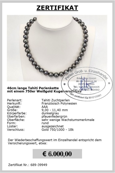 Kette aus echten pfauenfedergrnen Tahitiperlen