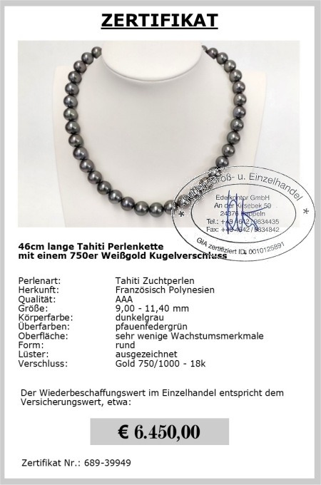 Kette Tahitiperlen, Pfauenfedergr�n 9.0 - 11.4 mm