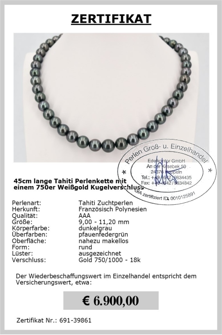 9.0-11.2 mm AAA Halskette Tahitiperlen Gold 750 / 18K inkl. Zertifikat