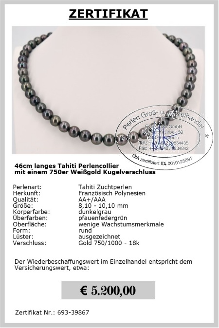Tahitiperlen Perlencollier, 46cm, 8.1 - 10.1 mm, AA+/AAA Qualit�t