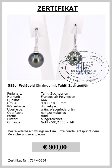 Gr�ne Tahitiperlen Ohrringe 9.0 - 10.0 mm - Edelkontor