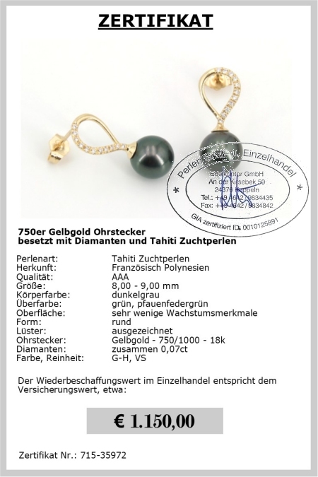 Diamant Perlen Ohrstecker 8.0 - 9.0 mm, 750er Gold