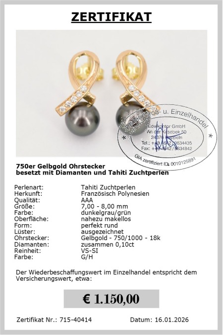 Diamant Perlen Ohrstecker 7.0 - 8.0 mm, 750er Gold