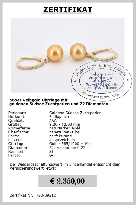 Diamant Perlenohrringe aus 585er Gelbgold