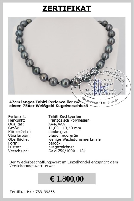 Tahiti Perlen Halskette 11.0 - 13.4 mm, AA+/AAA Qualit�t