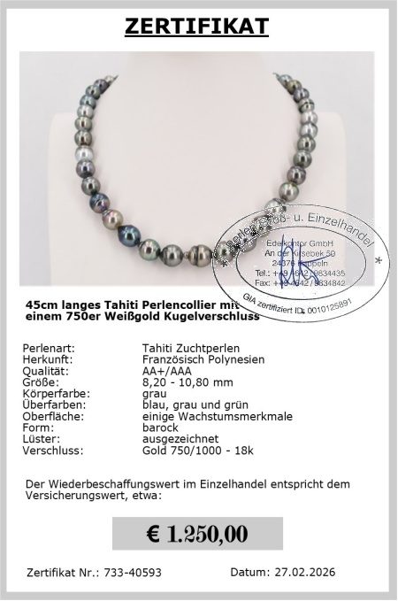 8.2-10.8 mm AA+/AAA Tahiti Perlen Halskette Gold 750 / 18K inkl. Zertifikat