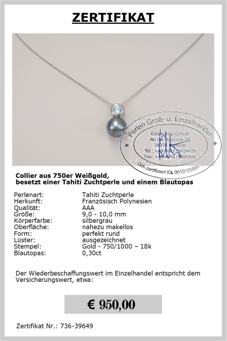 Edles Collier mit Tahiti Zuchtperle und Topas 0,30ct | Perfekt Rund 9-10mm AAA | Collier Gold 750er