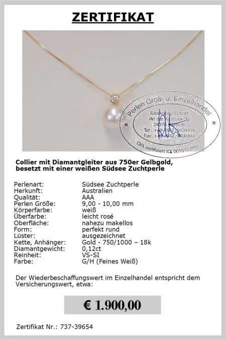 Edles Sdsee Perlencollier mit Brillant 0,12 ct | Perfekt Rund 9-10 mm AAA | Collier Gelbgold 750er