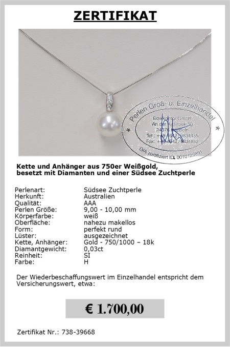 Anhnger mit echter Sdseeperle | Perfekt Rund 9-10 mm AAA | Anhnger Gold 750er | Edelkontor