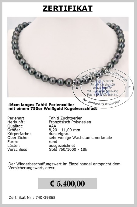 8.2-11.0 mm AAA Tahiti Perlenkette 750er Gold - Edelkontor